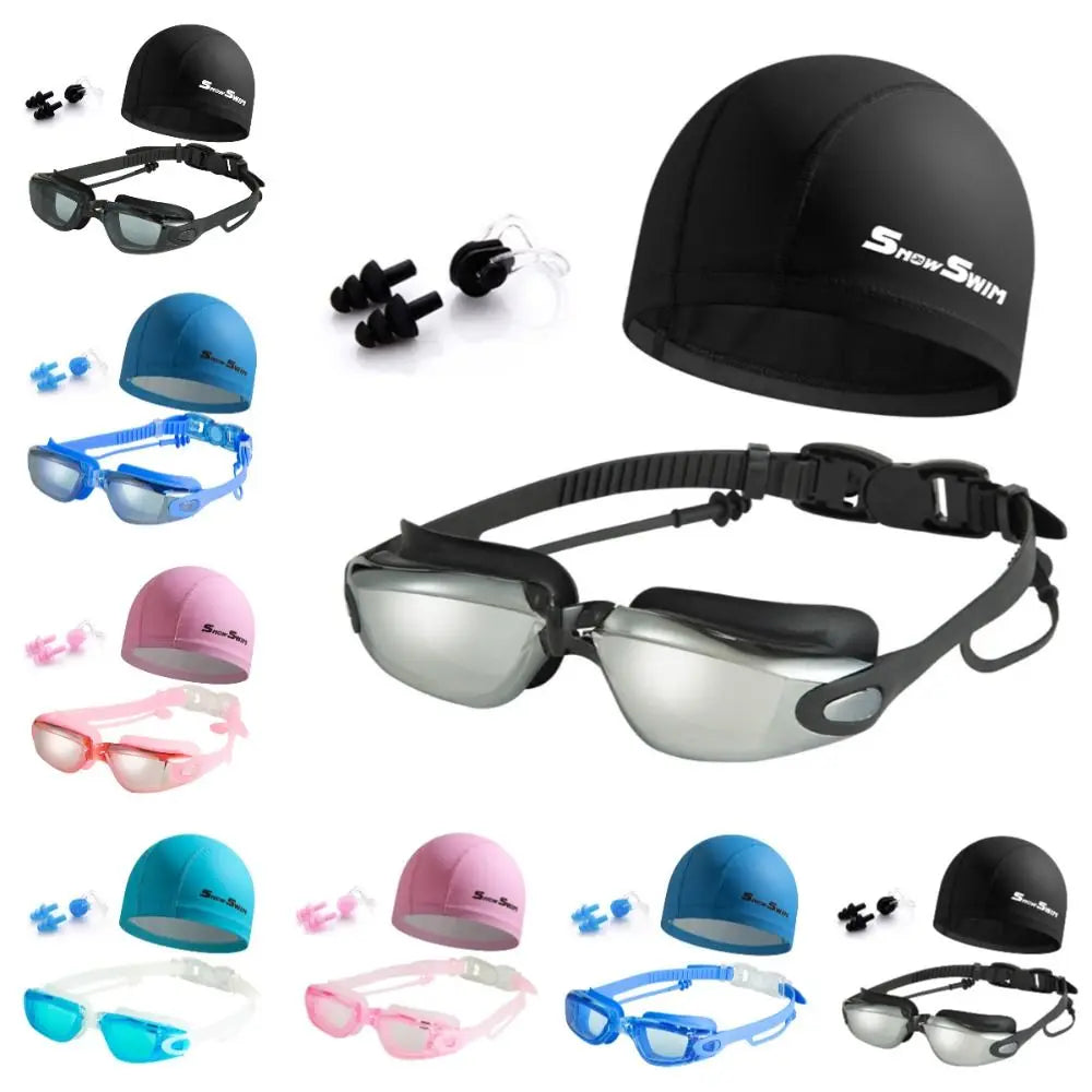 NEW 4 PCS Set Anti-Fog Adult Myopia/ Transparent/ Electroplated Professional Swimming Goggles Set with Nose Clip, and Ear Plugs Adjustable Silicone Swim Cap Waterproof Ultralight
