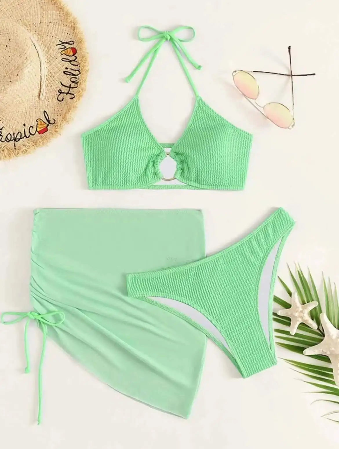 BRAND NEW 3 PCS Set 14 Colors Mesh Skirt Swimsuit Women Halter Micro Ribbed Bikini High Waist Swimwear Sexy Solid Beachwear Bathing Suit