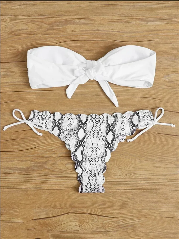 Beach Bikini Woman Sexy Front Lace Up Tie Bandeau Leopard Swimsuit Female Push Up Ruffled Bow Bathing Suit Thong Swimwear
