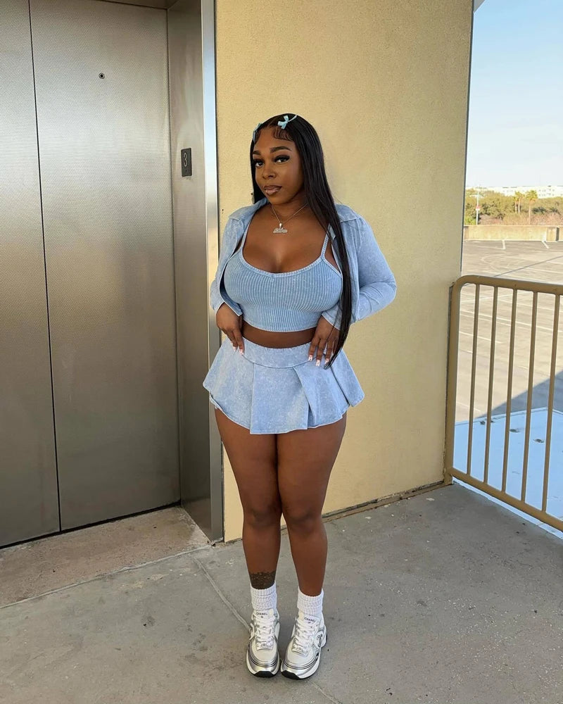 NEW Arrivals 3PCS Set S-2XL Size Black/Sky Blue/Orange/Pink Color Spring Summer Women Sexy Clothing Street Club Hot Outfits Sexy Skirts Evening Beach Rave Party Night Club Pleated Mini Skirt Set