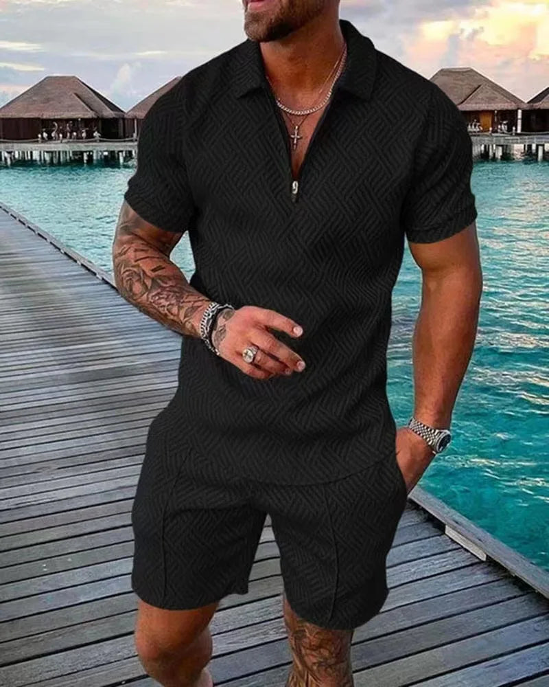 2 PCS Set S-5XL Plus Size for Curvy Men's Athletic T-Shirt Set Casual Mesh Lapel Short Sleeve Pullover Tops + Shorts Solid Thin Sporty Suits Summer Casual Clothing Suit