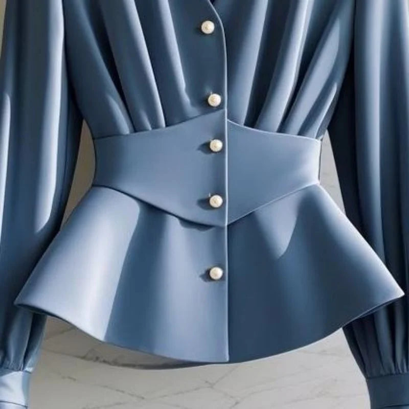 NEW Arrivals S-XL UK Size Luxury French High End Blue Blouse Autumn Design Slim Waist Pleat Patchwork Shirts Women V-Neck Pearl Button Tops Luxury 049A