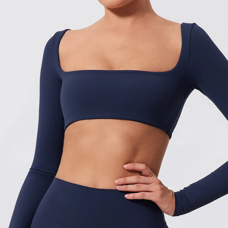 NEW Arrivals S-XL 7 Colors Quick Dry Square Neck Activewear Women Gym Top Women Fitness Sports Crop Top Female Casual Long Sleeve Yoga Clothes