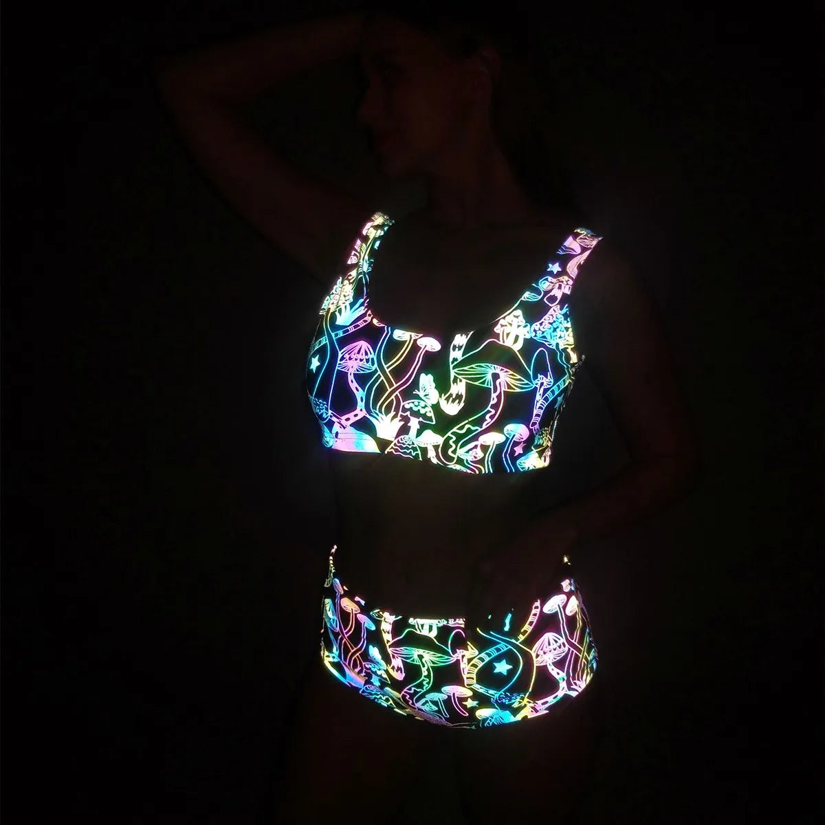 NEW Arrivals PCS Set S-2XL Harajuku Japanese Colorful Reflective Bikinis Women Summer Tech Wear Reflect Light Shorts & Bra Harajuku Swimwear Sexy Tankini Beach Outfits Clothing