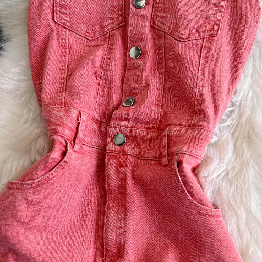 New Vintage Turn-Down Collar Sleeveless Bodysuit High Waist Elegant Jumpsuit Safari Style Denim Straight Ropa Mujer