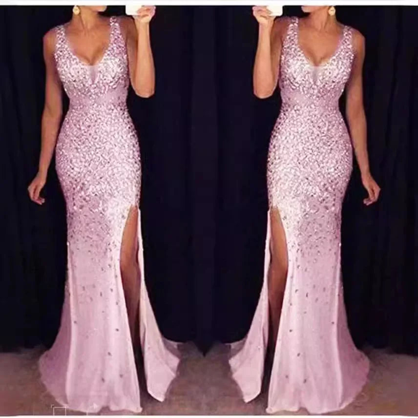NEW Arrivals S-2XL 4 Colors Summer Sexy Cross-Border Side Slit Gold-Embellished Long Dress Evening Party Dress Red Carpet Formal Celebrity Wedding Guest Luxury Maxi Dress