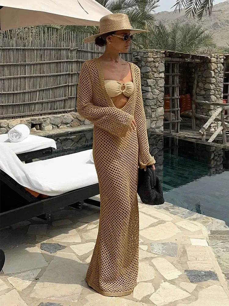 NEW Arrivals UK Size 7 Colors Sexy U-Neck Bell Sleeve Knit Handmade Maxi Dress Summer Women Swimwear Feminine Bikinis Cover-Ups Holiday Crochet Beach Ladies Outfit K21