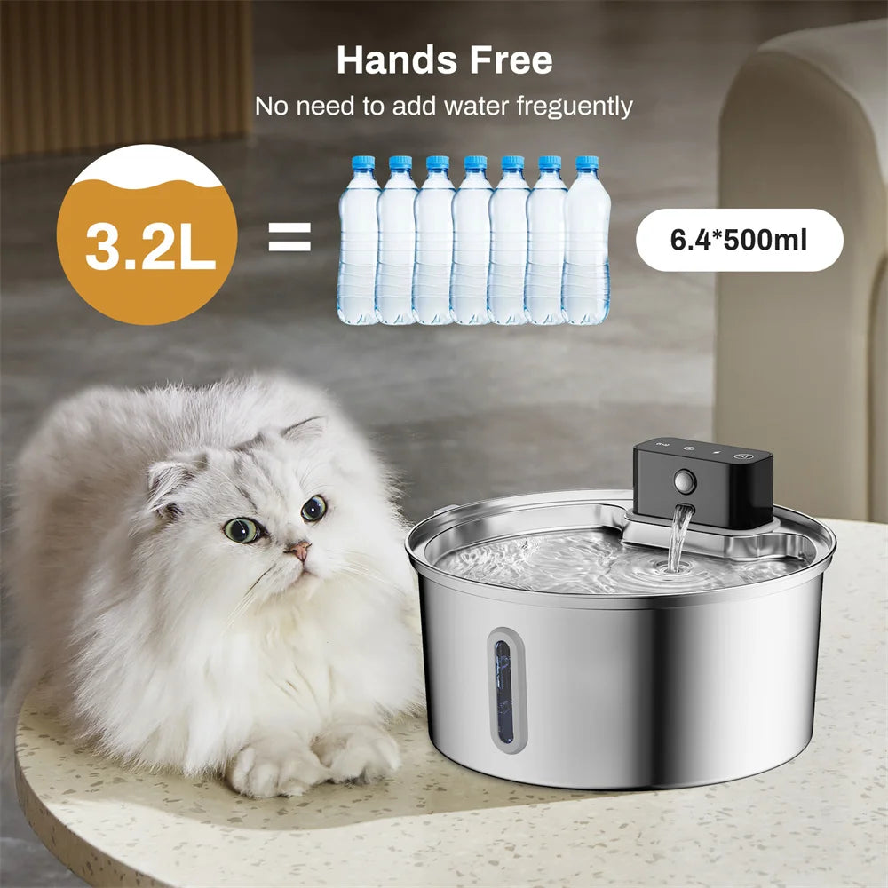NEW Arrivals 3.2L/108oz Wireless Charging Sensor Cat Water Feeder Stainless Steel Cat Dog Water Fountain Silent Water Level Window No Plug