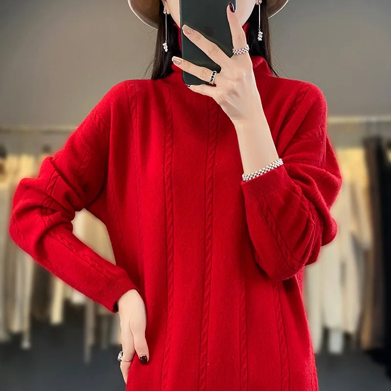 4 Colors 100% Pure Cashmere Dress High Collar Women's Winter Warm New Style Slimming Fashionable Versatile Loose Wool Long Dress