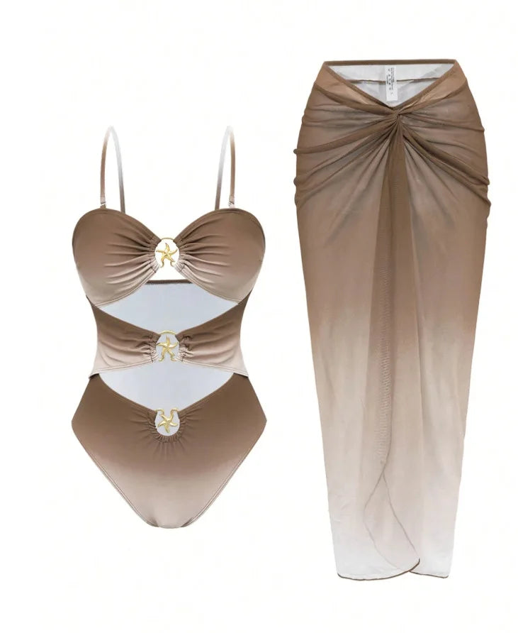 2 PCS Set 3 Colors Sexy Swimsuit Women's Bathing Suit Strap Net Skirt Integrated Swimwear with Skirt Cross-Border Summer Beach Swimsuit Apparel Sets