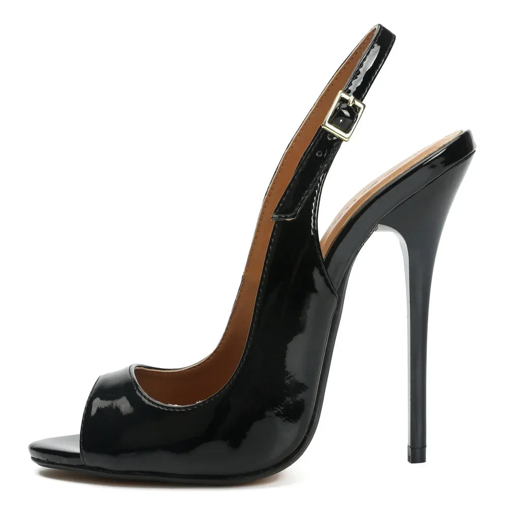 NEW Arrivals Red/Black Women Luxury Sandals Patent Leather Buckle Strap 13CM Thin High Heels Peep Toe Evening Party Night Club Wedding Birthday Shoes Female Ladies Luxury Fashion Apparel Accessories Clothing Supplies
