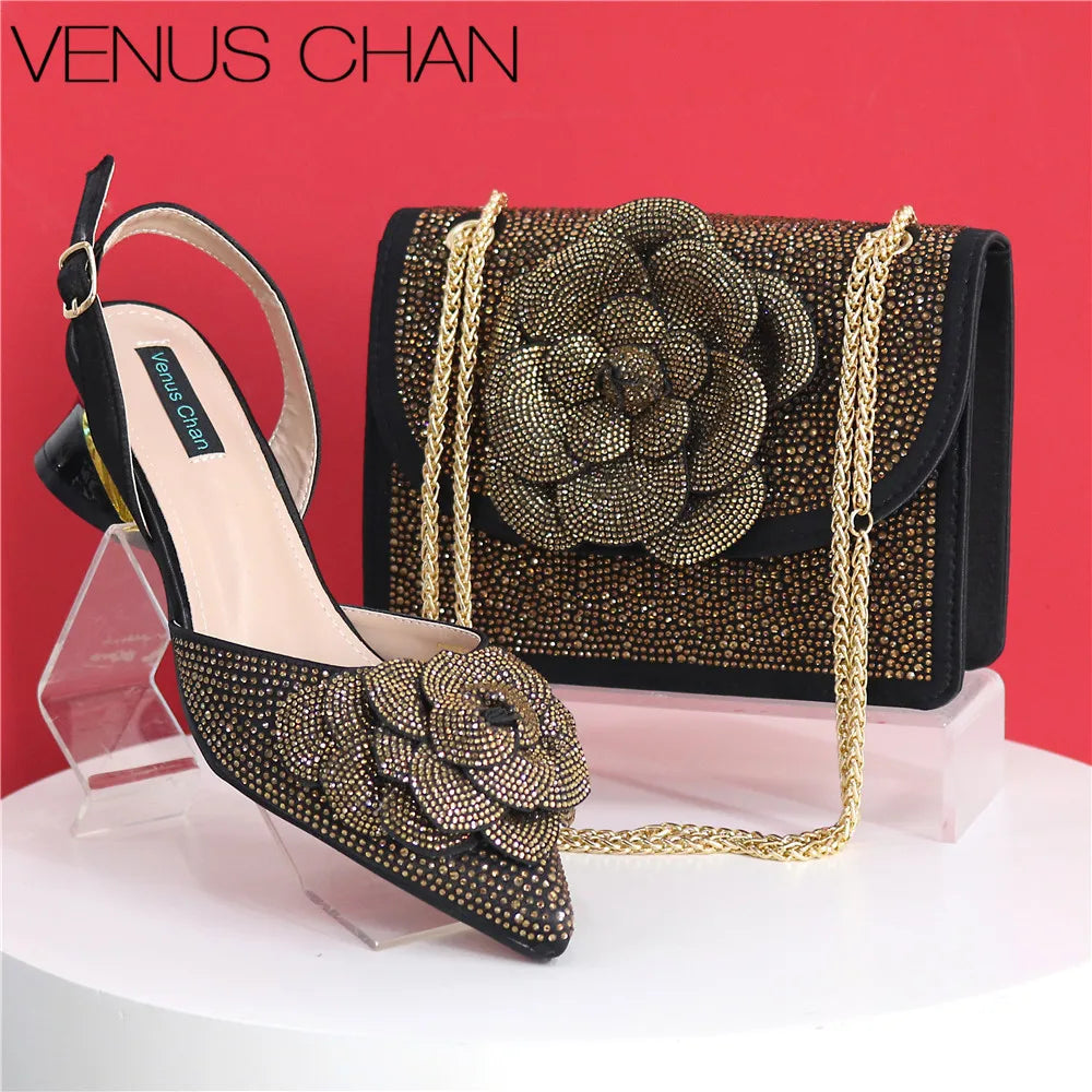 Italian Design Handmade Silver/Green Peach Color Elegant Lady Shoes And Bag Set with Rhinestones Embellished Pearls-knot Wear-Resistant And Comfortable Heel Evening Wedding Party Shoes Ladies Luxury Fashion Clothing Supplies