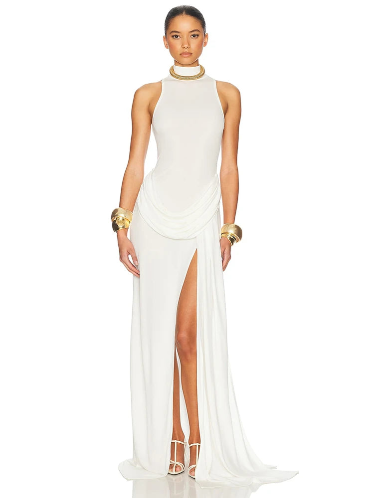 White Black Color UK Size Turtleneck Off-Shoulder Sleeveless Thigh Split High Waist Pleated Maxi Dress For Women Elegant Fashion Club Party Dress