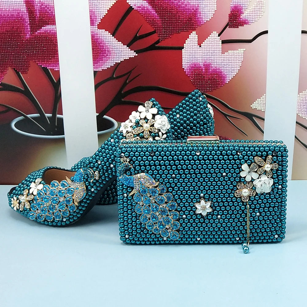 Low-Price Sales are Limited NEW Teal Luxury Blue Pearl Wedding Shoes Set with Matching Bags Bride High Heels Platform Shoes Open Toe Green Blue Evening Party Night Business Dinner Shoes Ladies Luxury Fashion Clothing Supplies