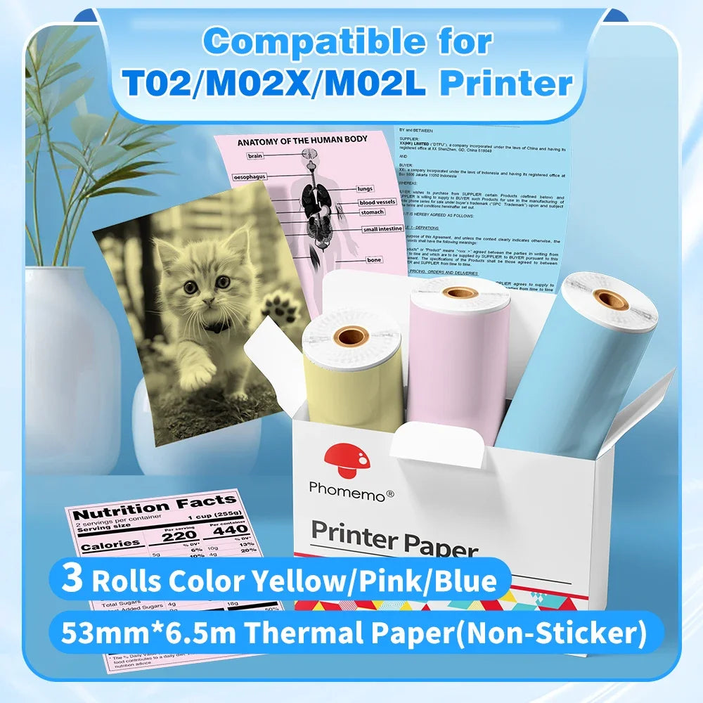 NEW Arrivals 3 Rolls Set PHOMEMO White Sticker Paper Thermal Label for T02 M02L Portable Mini Printer Keep for 10 Years Sticky Paper 50mm/53mm