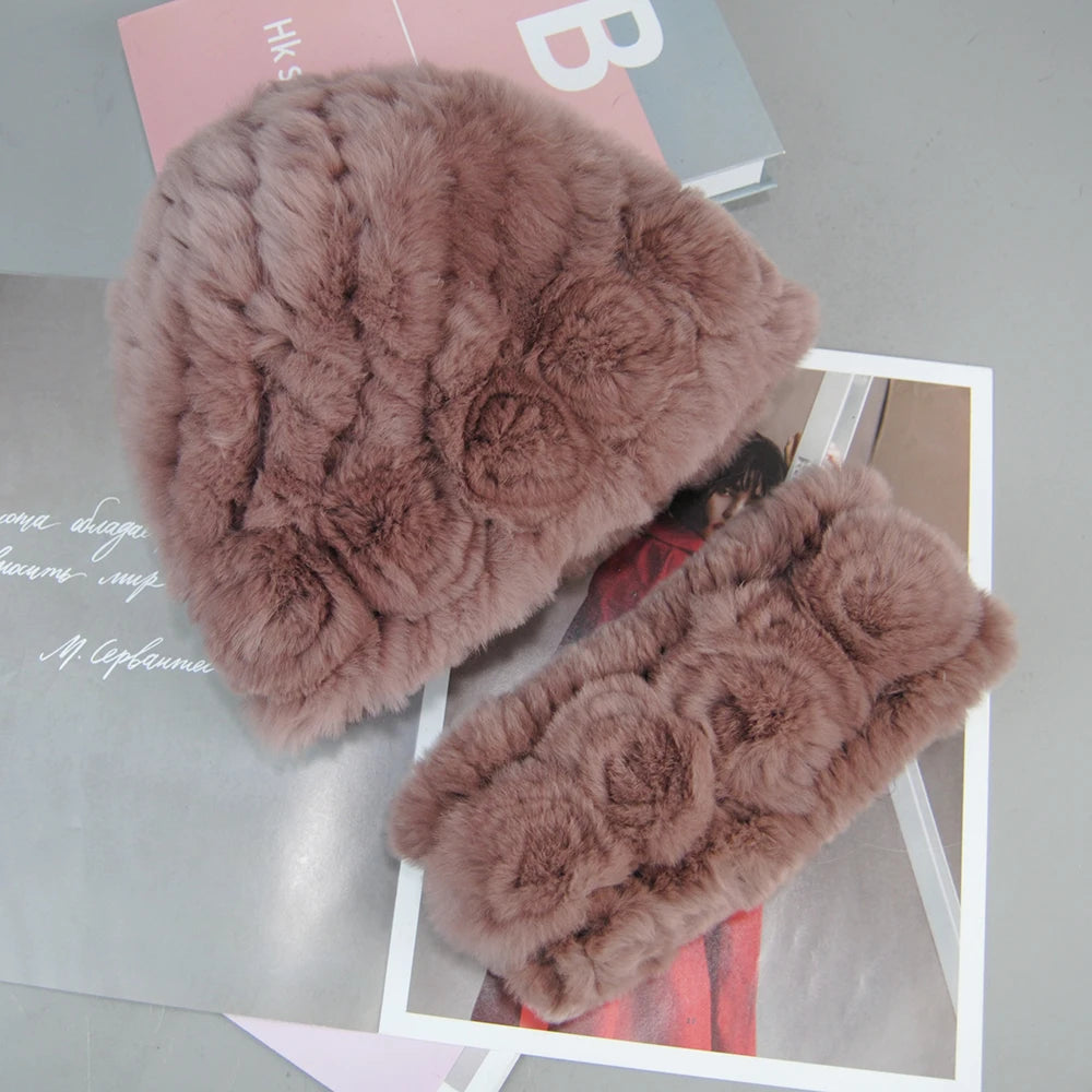New Arrivals Women Fashion Real Fur Hats Scarves Sets Women Winter Knitted Real Rex Rabbit Fur Hat Scarf Ladies Natural Fur Hats Mufflers Sets Female Girls Luxury Fashion Clothing Products