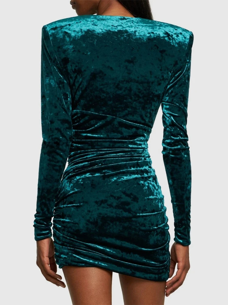 NEW Arrivals Women Female Sexy V-Neck Long Sleeve High Waist Folds Mini Dress Women Cypress Green / Purple Velvet Pleat Bodycon Dress Elegant Evening Party Gown Night Club Outfits Girls Ladies Luxury Fashion Clothing Supplies