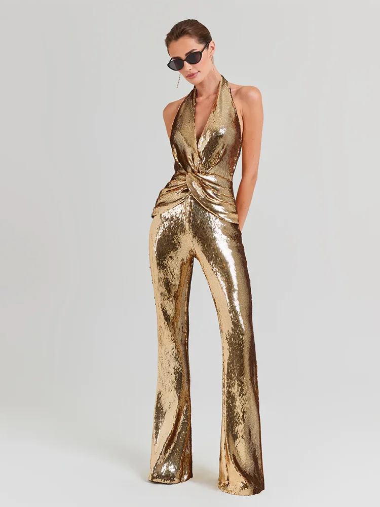 NEW Arrivals Women's Sleeveless Gold Sequin Jumpsuit Sexy V Neck Sparkle Sequined High Waist Wide Leg Pants Jumpsuit Celebrity Evening Party Ladies Luxury Fashion Clothing Supplies