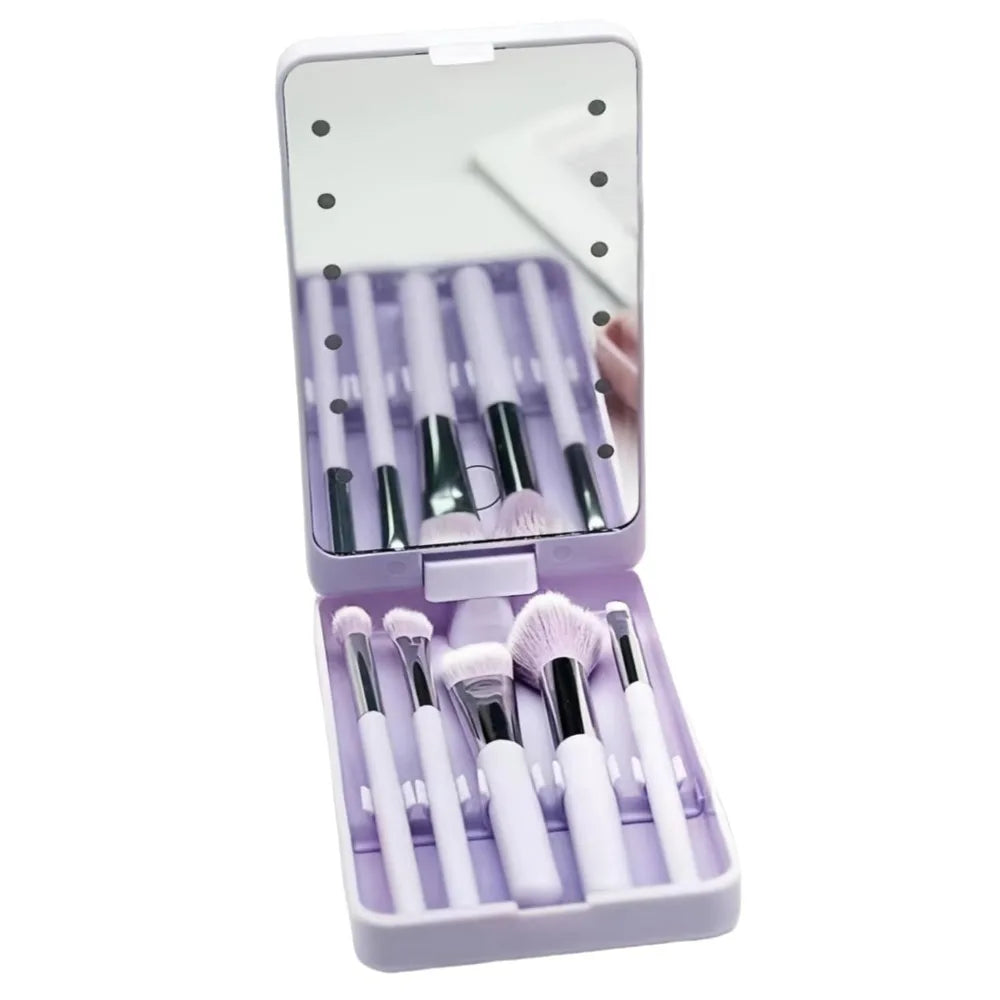 NEW Rotatable Mirror Travel Make-Up Brush with LED Light Adjustable Brightness with 5pcs Brush LED Makeup Mirror Brush Set Foldable Women Cosmetic Sets