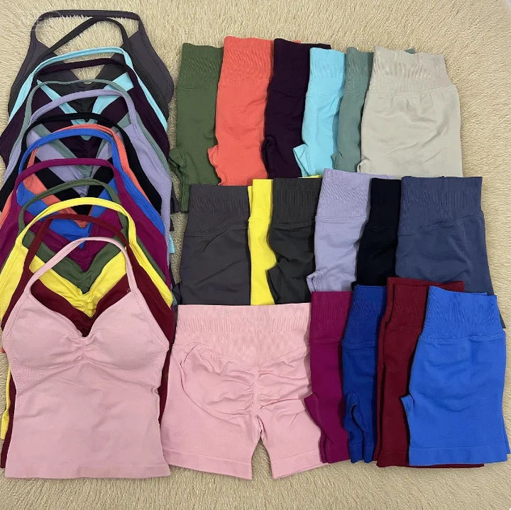 NEW Arrivals 2PCS Set 10 Colors Padded Sleeveless T-Shirt with Halter Collar Hip Pants Summer Sportswear Women Fitness Yoga Pilates Suit Outdoor Hiking Running Sports Clothes
