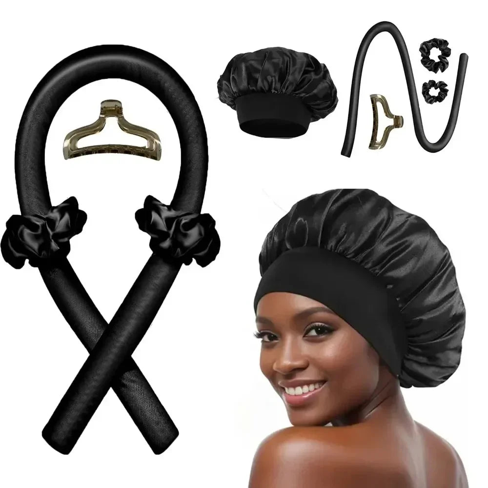 NEW Arrivals 2PCS Set Wine Red/Pink/Black Heatless Curling Rod Set Satin Nightcap for Women No Heat Hair Rollers Sleeping Soft Headband Styling Tool Lazy Curls Ladies Hair Care Accessories