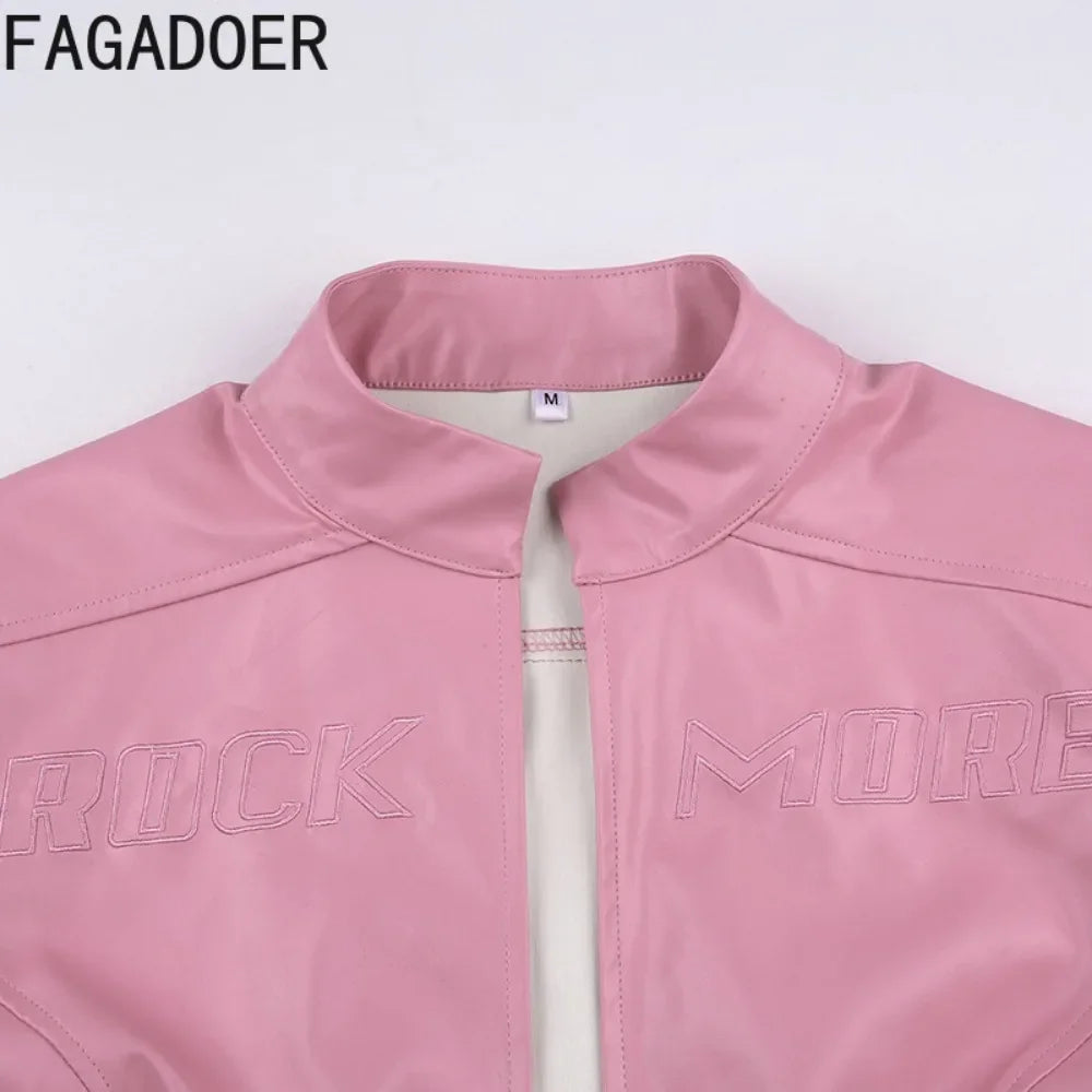 NEW Arrivals Black/Pink Y2K Punk Gothic Leather Jacket Women Cropped Lapel Letter Embroidery Moto Jackets Coat Short Female Streetwear Night Club Mini Jacket Evening Rave Party Girls Casual Fashion Clothing Supplies