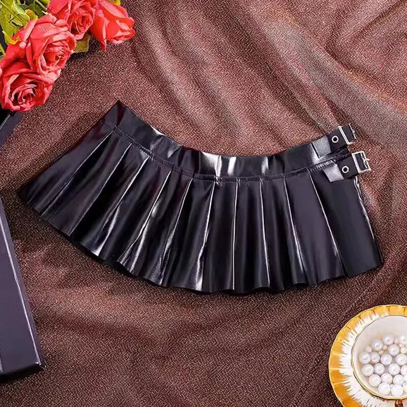 NEW Women's Black Shiny PU Leather Sexy Mini Skirt Gothic Style Cosplay Costume Sexy Low Waist Pleated Skirt for Fashionable Outfits