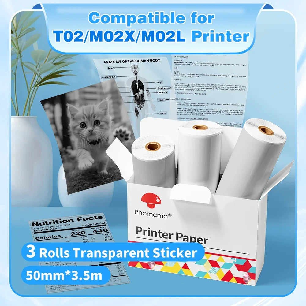 NEW Arrivals 3 Rolls Set PHOMEMO White Sticker Paper Thermal Label for T02 M02L Portable Mini Printer Keep for 10 Years Sticky Paper 50mm/53mm