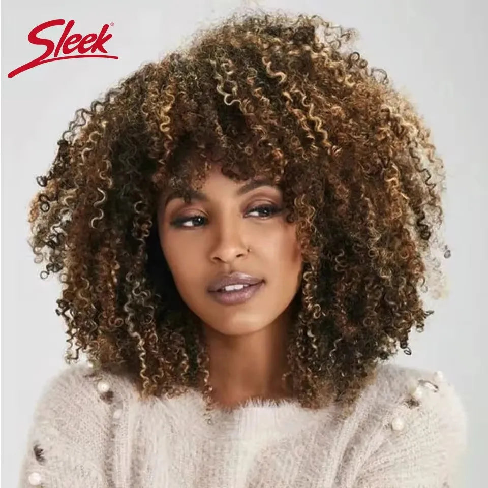 NEW Original Brazilian Sleek T1b/30 Afro Kinky Curly Human Hair Bob Wigs Brazilian Highlight P4/27 Remy Hair With Bang 250% Density Brown 6# Human Natural Hair