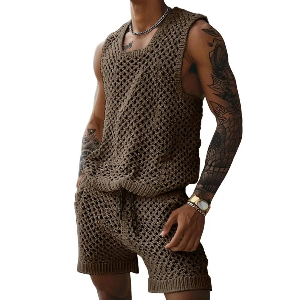 NEW 2PCS Set L(50-70Kg) XL(80-100+Kg) Vest Shorts Set Men's Casual Sleeveless Knit Top Drawstring Shorts Set for Daily Wear Elastic Waist Wide Leg Shorts for Men's