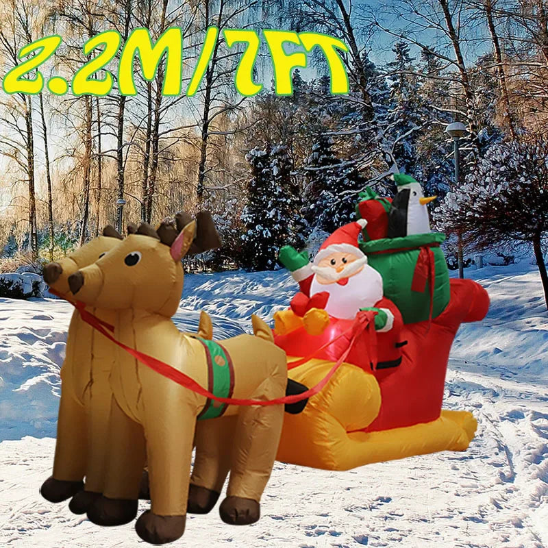 2.2m/7FT Christmas Decoration Inflatable Toy Santa Elk Sled Built-in LED Light Xmas Party Indoor Outdoor Courtyard Prop Ornament Decoration Supplies Products