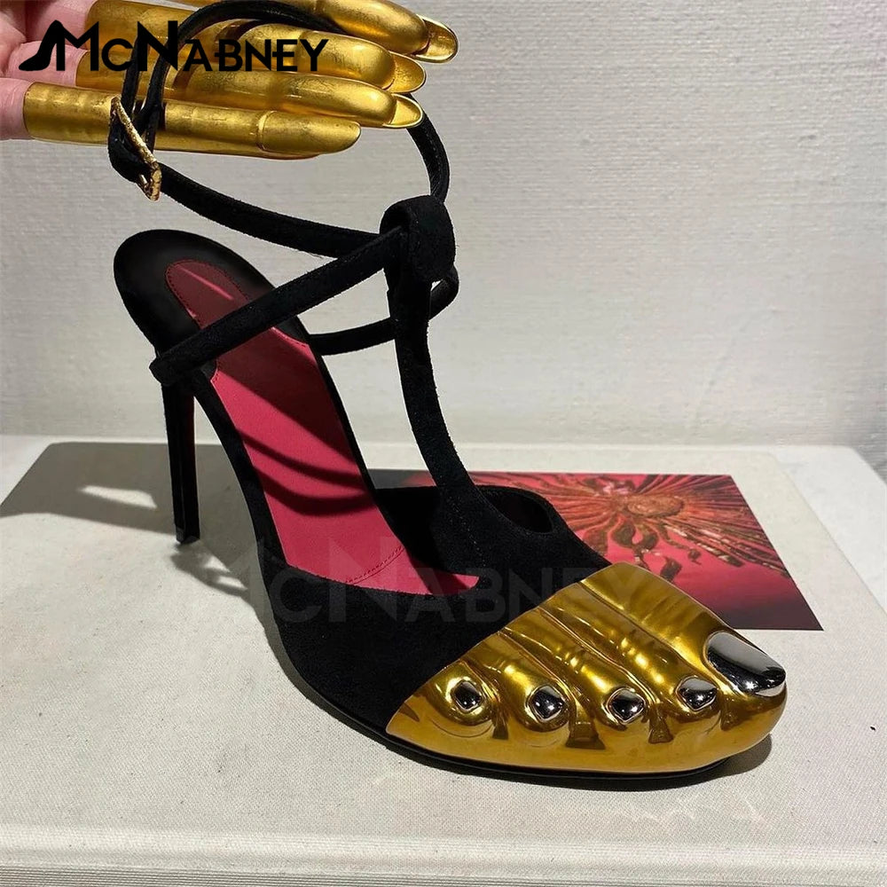 Golden Brass Toes Satin Mules Butterfly Knot Strappy Sandals Novel Designer Style High Heeled Pumps Sexy Stiletto Summer Sandals