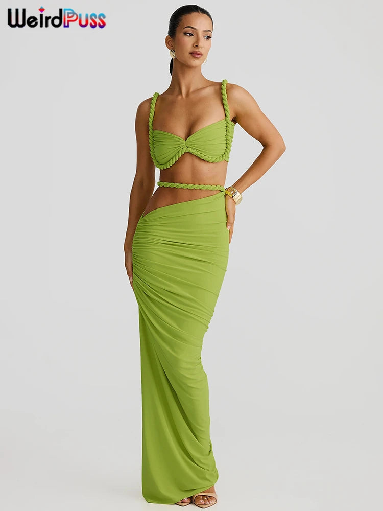 NEW 2PCS Set S-XL UK Size 12 Colors Italian Design Square Collar Women Bra +Skinny Long Skirts Bandage Ruched Summer Vacation Beach Party Trend Suits