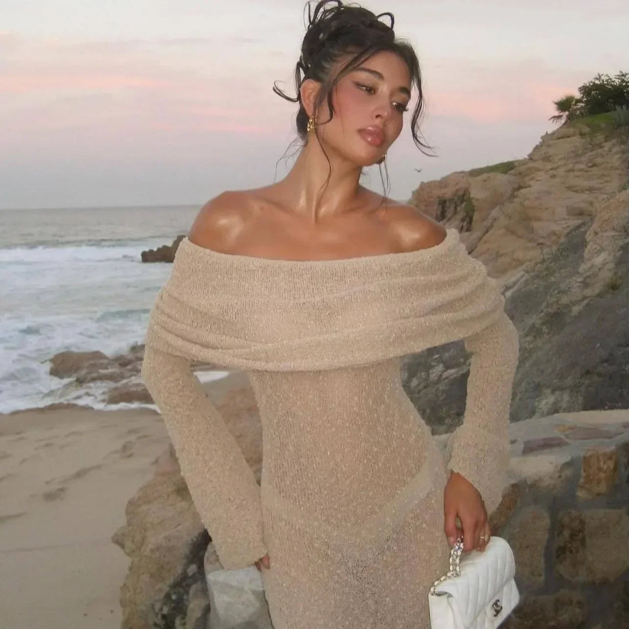 NEW Arrivals UK Size Black/Khaki/White Color Sexy Long Sleeve Hollow Out Knitted Dresses Women Elegant Off Shoulder Knit Long Dress Evening Beach Party Night Club See Through Dress
