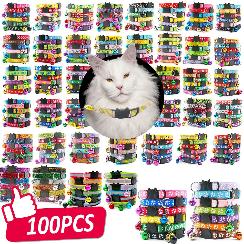 NEW 100PCS Set Dog Collar With Bells Adjustable Customize Necklace Puppy Kitten Collar Accessories Pet Shop Products Rabbit Cats Neck Strap Collar Pets Safety Supplies