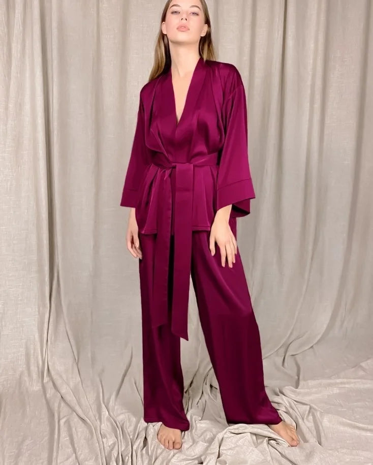 NEW 2PCS Set S-3XL Plus Size 5 Colors Solid Women Luxury Robes with Sashes Wrist Sleep Tops Satin Pants Loose Pajamas Casual Sleepwear Female Home Suits