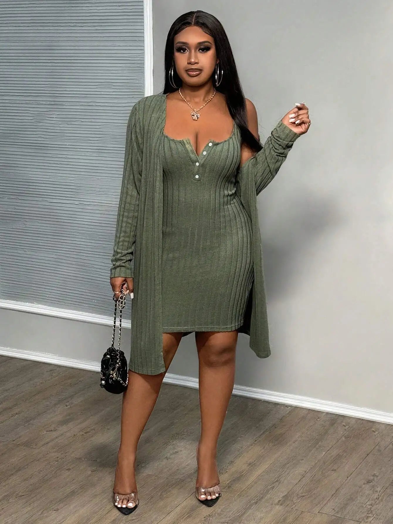 NEW Arrivals 2PCS Set XL-3XL Plus Size Ribbed Chubby Women Elegant Solid Mini Dress Female Casual Long Coat Spring Autumn Evening Party Matching Set