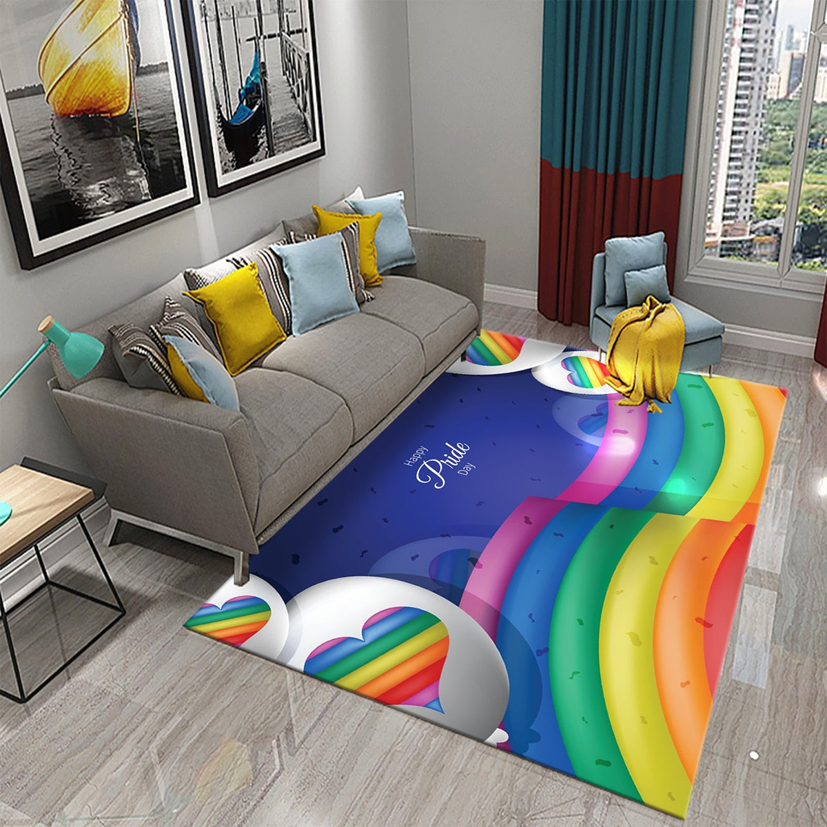 Pride Rainbow Carpet LGBT Themed Rug Colorful Love Heart Print Area Rugs for Adult Yoga Mats Living Room Black Flat Mat Doormat