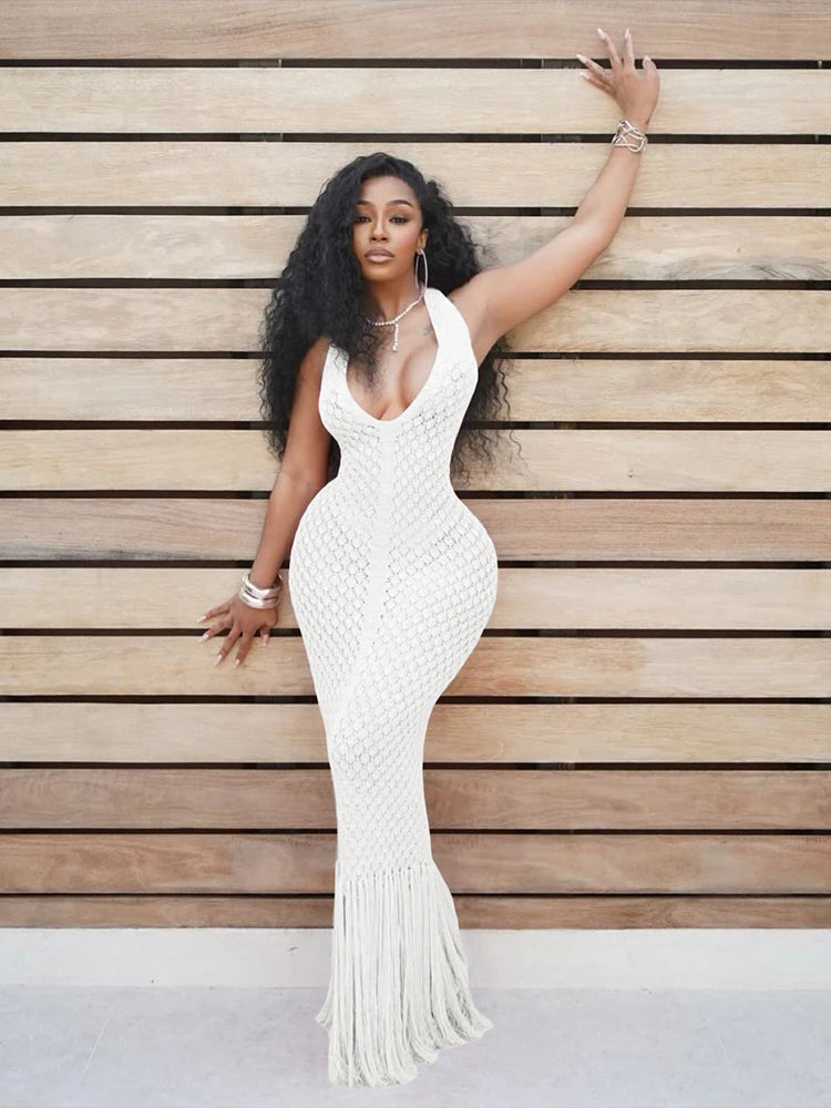 NEW Arrivals Black/White/Pink UK Size Super Sexy Halter Plaid Crochet Women See Through Maxi Dress Classic Low Neck Backless Sheath Long Gown Tassel Elegant Evening Beach Party Night Club Outfit
