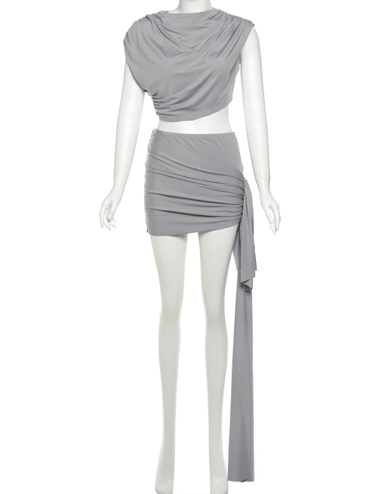 NEW Arrivals 2PCS Set Black/Gray Color Irregular Ruched Suit Women Summer Tank Tops + Side Ribbon Skirts Stretch Matching Casual Simple Street Outfits Evening Beach Bar Party Night Clubwear