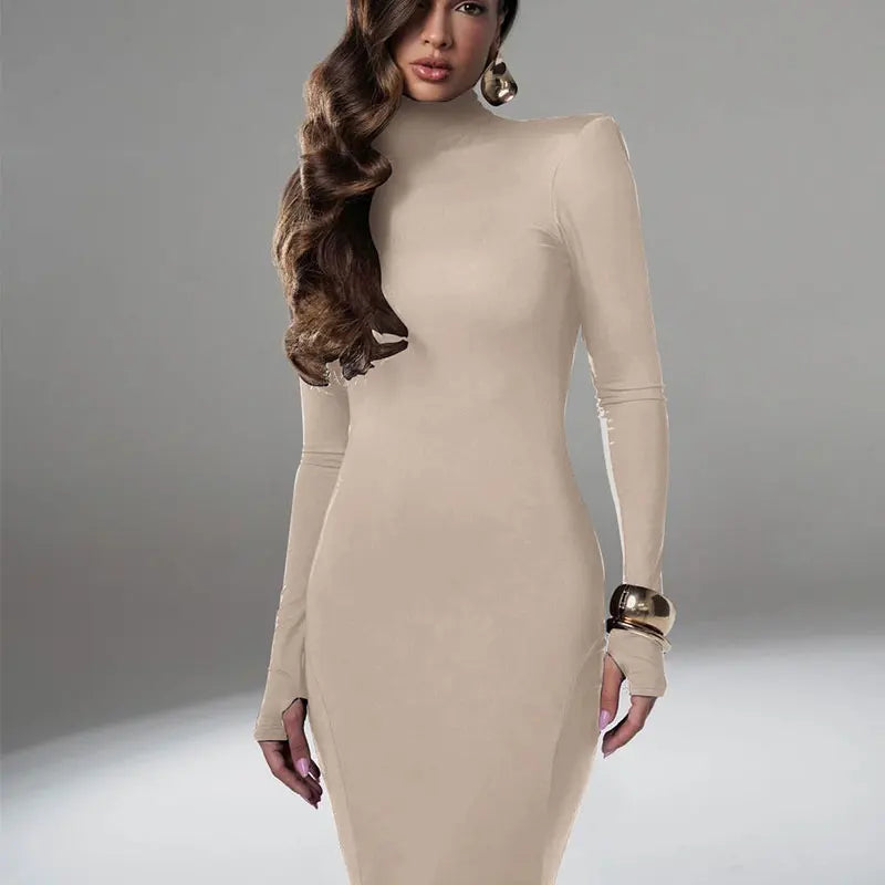 NEW Arrivals Brown/Khaki Color Long Sleeves Women's Evening Dress Elegant Party Spring Autumn Winter Sexy Backless Dress Streetwear Fashion Casual Slim Turtleneck Brown Dress