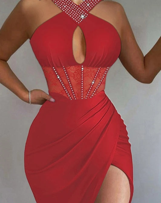 Low-Price Sales are Limited NEW Luxury Sexy Women Night Out Evening Wedding Birthday Party Dresses Rhinestones High Slit Contrast Lace Sleeveless Halter Slim Opera Business Dinner Dress Ladies Luxury Fashion Apparel Supplies