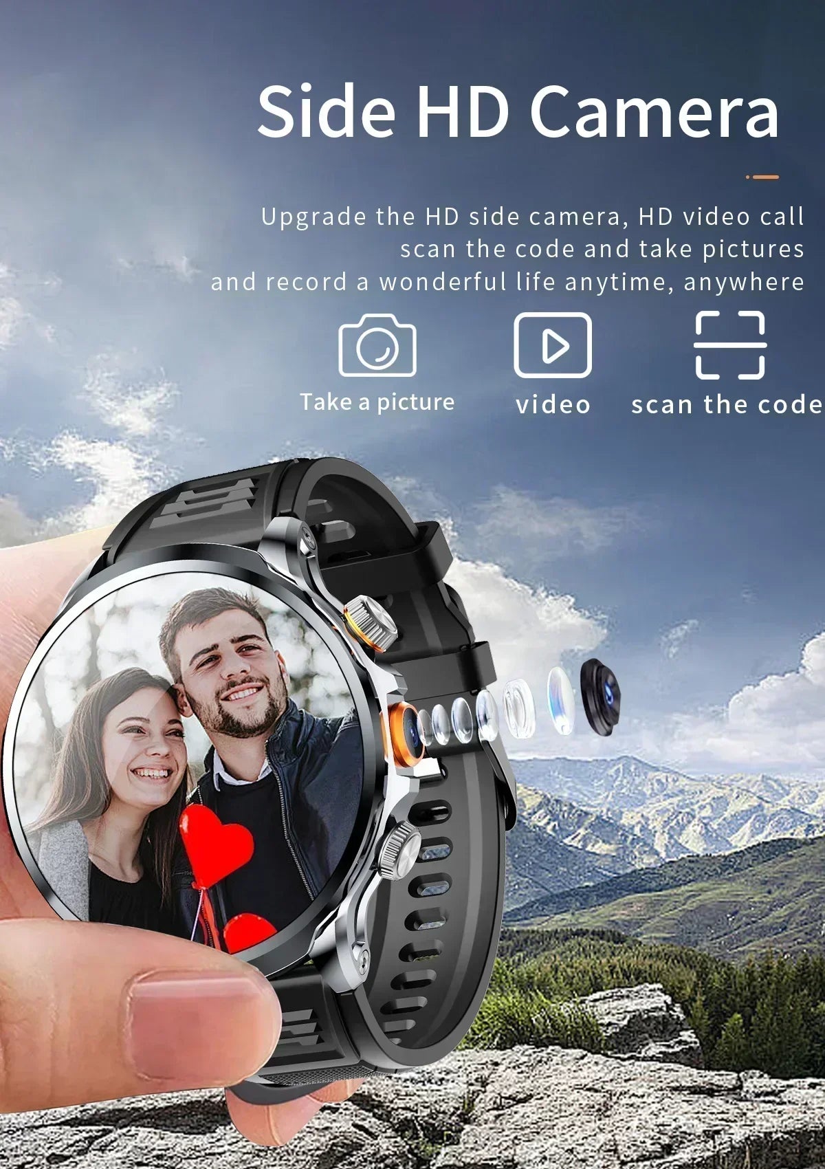 NEW Arrivals GPS Tracker Heart Rate Blood Pressure Multiple Sports Modes and Languages Android Adult Smart Watch 1.95 'AMOLED 8GB+128GB Storage 4G Full Network Google Play WIFI GPS Sim Card