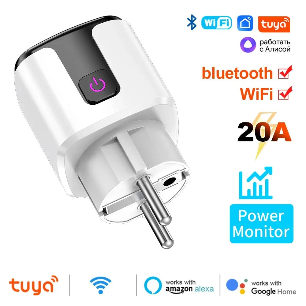 NEW Arrivals TUYA App Wi-Fi + Bluetooth 20A Socket Smart EU Plug With Power Monitoring Timer Child Lock Outlet Google Home Alice Smart Devices Alexa Google Support Home Smart Life Supplies