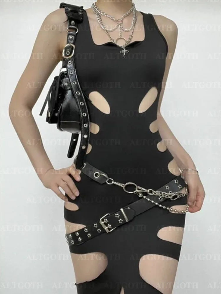 NEW Arrivals UK Size Harajuku Gothic Dark Dress Women Streetwear Cyber Punk Y2K E-Girl Grunge Sexy Hollow Out High Waist Bodycon Dress Female Evening Rave Party Dress