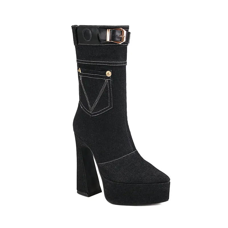 Denim Jeans Blue Black Pointed Toe Western Goth Women Shoes Winter Buckle Belt Mid-calf Platform High Heels Boots With Pocket