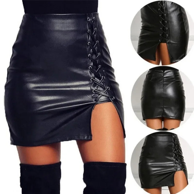NEW Arrivals S-5XL Plus Size Sexy Girls Above Knee Black PU Leather Mini Skirts Spring Women High Waist Bodycon Front Split Elegant Short Skirt