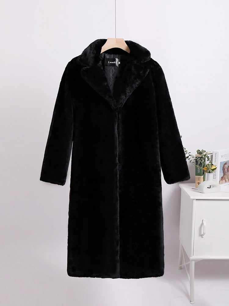 NEW Arrivals S(8)-XL(16-18) UK Size Winter Loose Luxury Mink Velvet Imitation Fur Splicing Long Coat Fur Suit Collar Women's Coat High Street Fashion Lady Overcoat