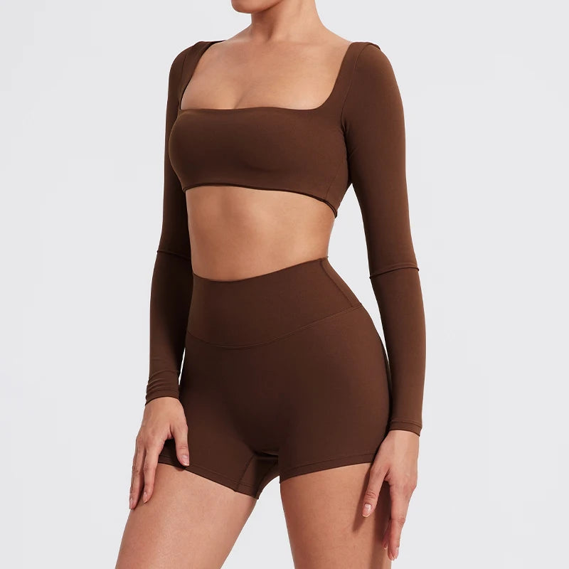 NEW Arrivals S-XL 7 Colors Quick Dry Square Neck Activewear Women Gym Top Women Fitness Sports Crop Top Female Casual Long Sleeve Yoga Clothes