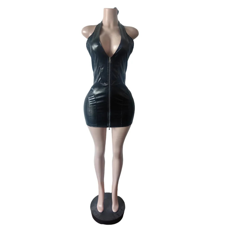 S-2XL UK Size Black/Red Color Stylish PU Leather Dress Women Zip Halter Lace-Up Backless Sexy Low Chest Peach Hip Hottie Hipster Stretch Slim Streetwear Night Clubwear Evening Party Mini Dress